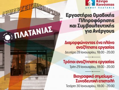 ΟΜΑΔΙΚΑ ΕΡΓΑΣΤΗΡΙΑ ΣΥΜΒΟΥΛΕΥΤΙΚΗΣ ΓΙΑ ΑΝΕΡΓΟΥΣ ΑΠΟ ΤΟ  ΚΕΝΤΡΟ ΚΟΙΝΟΤΗΤΑΣ ΔHMOY ΠΛΑΤΑΝΙΑ ΚΑΙ ΤΟ ΙΝΕ ΓΣΕΕ ΚΡΗΤΗΣ